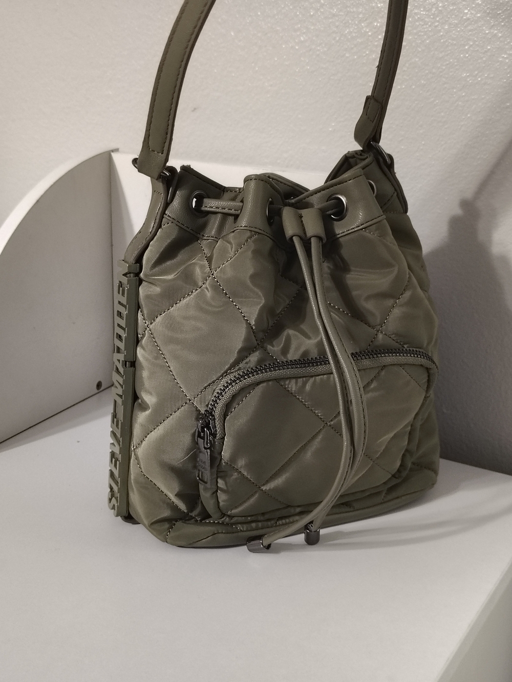 Steve Madden Quilted Drawstring Bucket Bag - Olive
